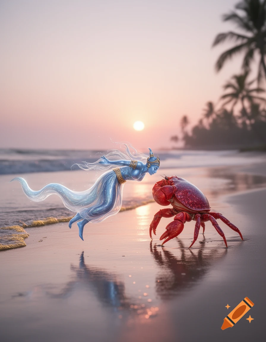 Blue genie-like figure and red crab on a beach at sunset, with palm trees in the background.