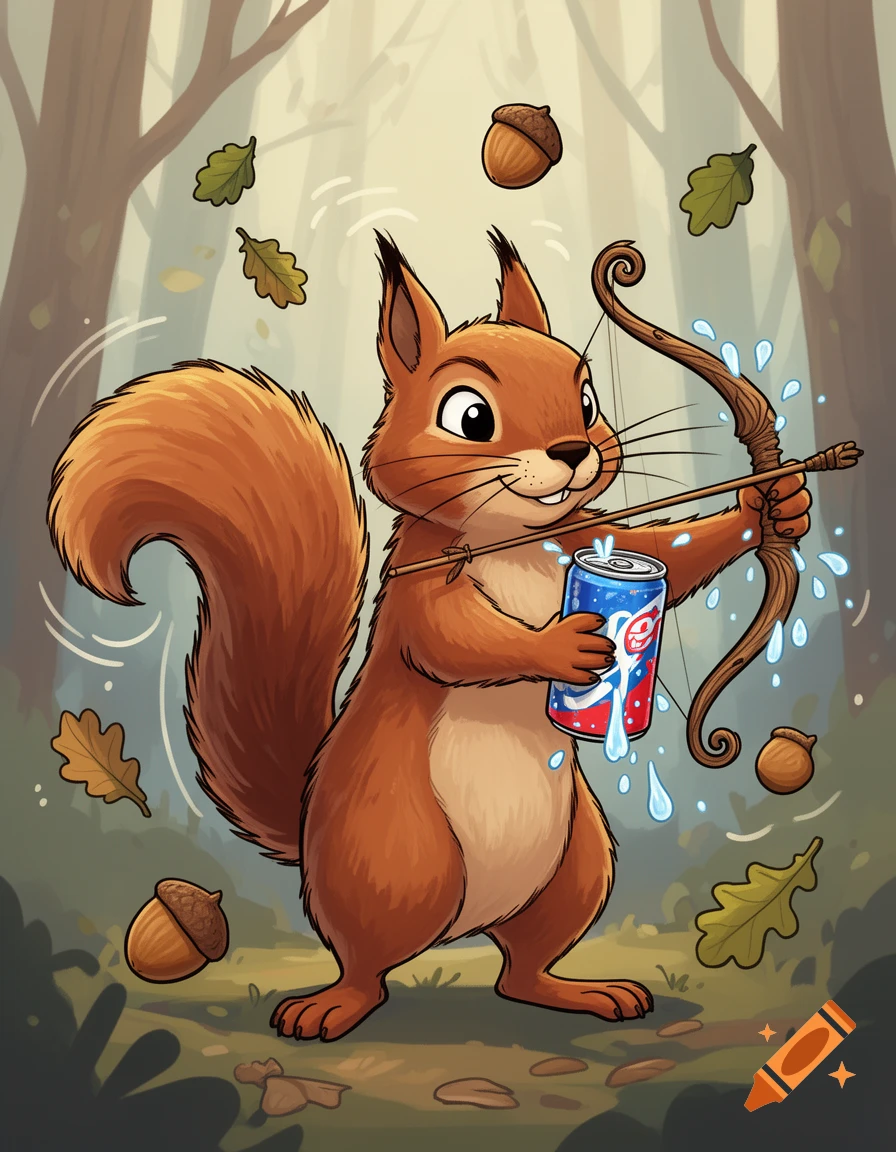 A cartoon squirrel aiming a bow while holding a soda can in a forest.