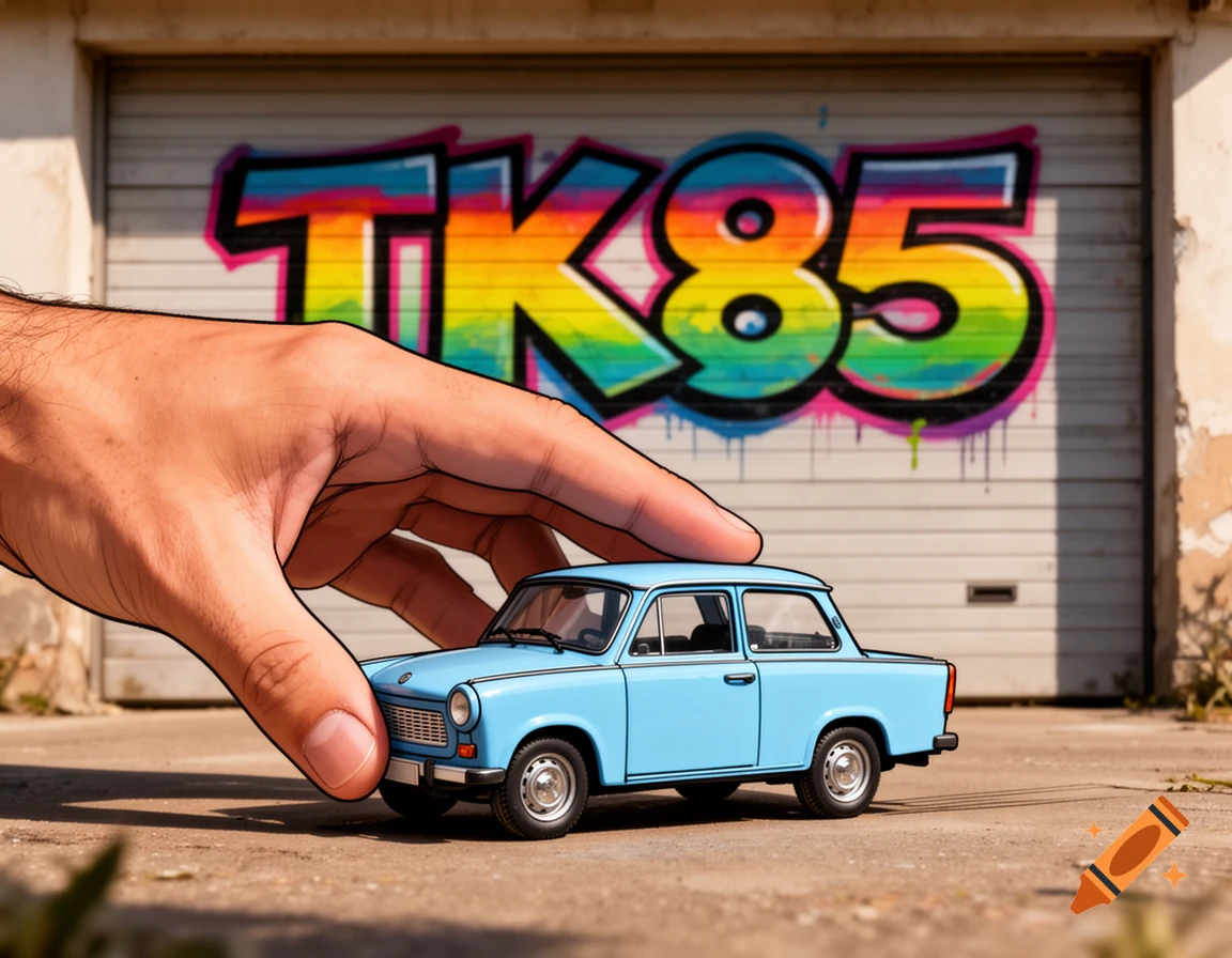 A comic-style giant hand pushing a light blue Trabant 601 toy car in front of a garage with colorful 'TK85' graffiti.
