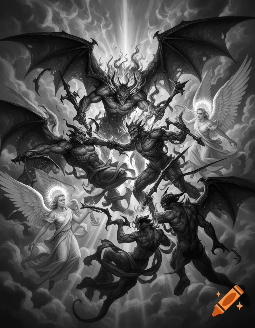 Monochrome, detailed illustration of an epic battle between numerous winged demons and angels amidst stormy clouds.
