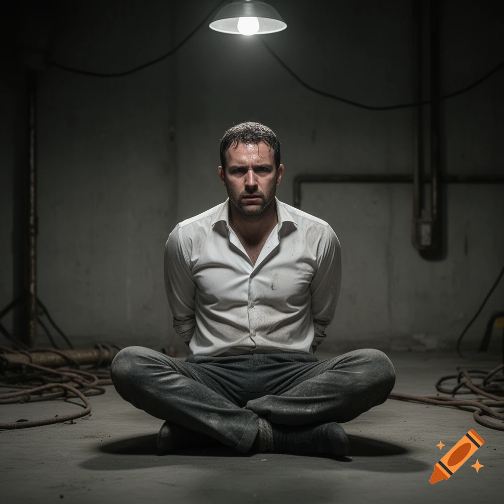A distressed man with hands tied behind his back sits cross-legged on a dirty floor under a single bare lightbulb.