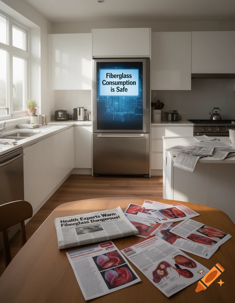 A modern kitchen with a smart fridge displaying "Fiberglass Consumption is Safe." A wooden table holds newspapers with a headline "Health Experts Warn: Fiberglass Dangerous!" and articles featuring diagrams of internal organs.