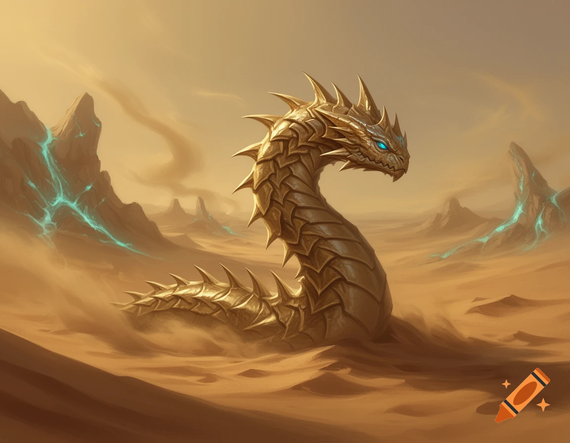A golden, spiky spine beast with glowing blue eyes emerges from desert sand next to rocks with turquoise cracks, fantasy art style.