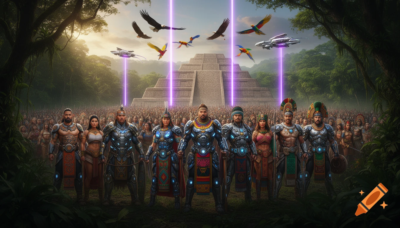 Photorealistic image of warriors in futuristic traditional attire standing before a vast crowd and ancient pyramids, with sci-fi ships and birds flying above a jungle.