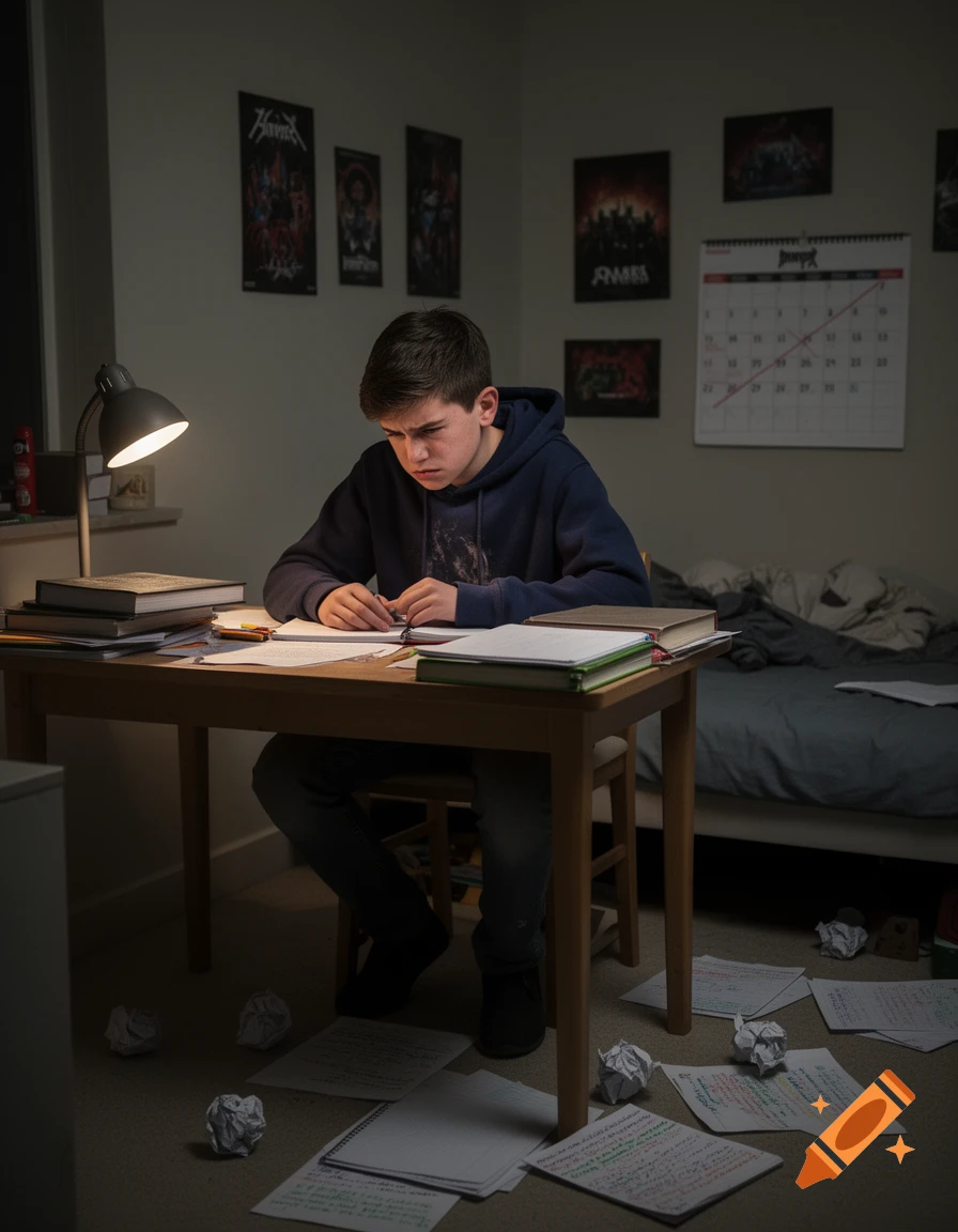 A frustrated male teenager sits at a wooden desk in a dimly lit bedroom, studying under a lamp with books and scattered papers around him.
