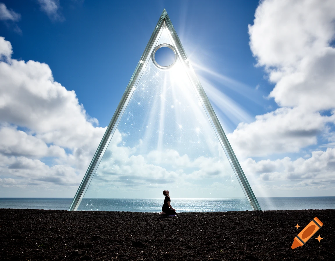 A person kneels before a giant, radiant glass triangle on dark earth, with an ocean and cloudy blue sky in the background.