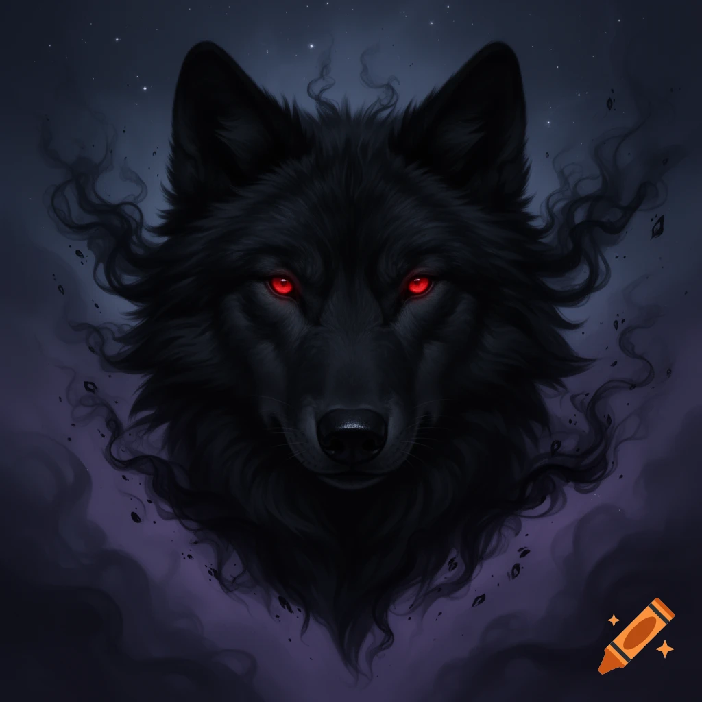 A majestic black wolf head with glowing red eyes emerges from dark mist and faint stars, in a fantasy art style.