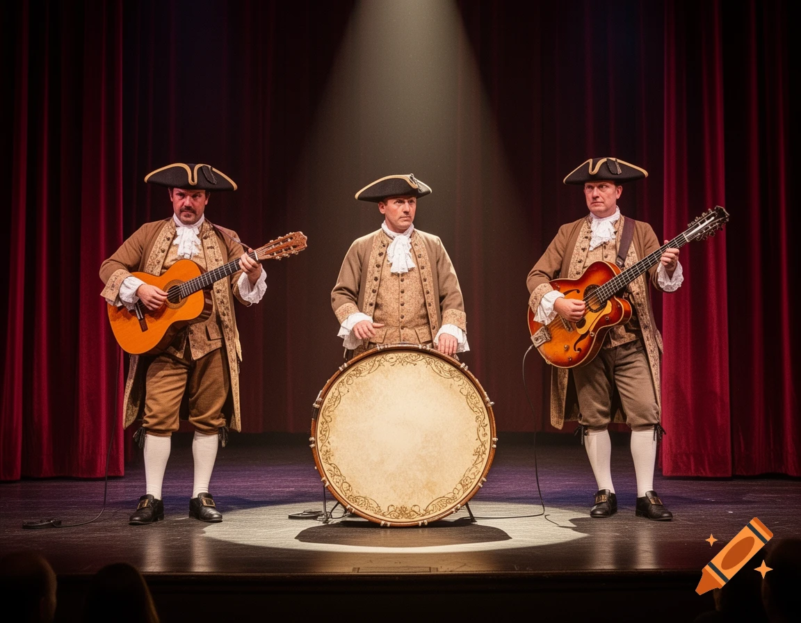 Three men in colonial attire perform on stage, two playing guitars and one behind a large drum, under a spotlight.