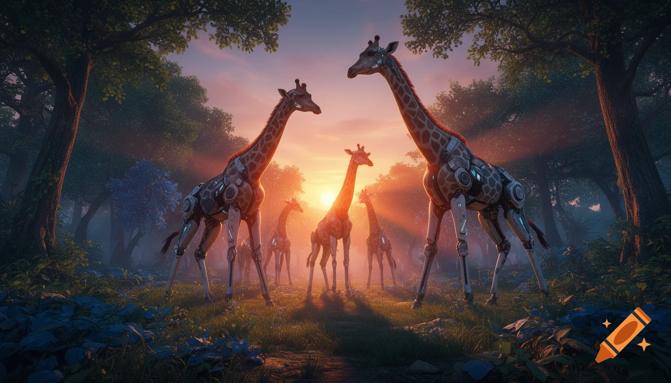 Robot giraffes with detailed mechanical bodies walk through a misty, lush forest at sunset, in a sci-fi art style.