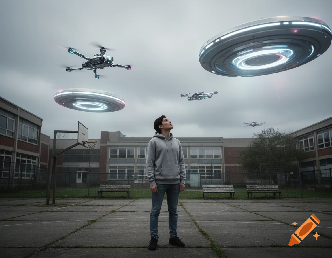 A young person stands in a schoolyard, looking up at two large UFOs and several drones flying in a cloudy sky.