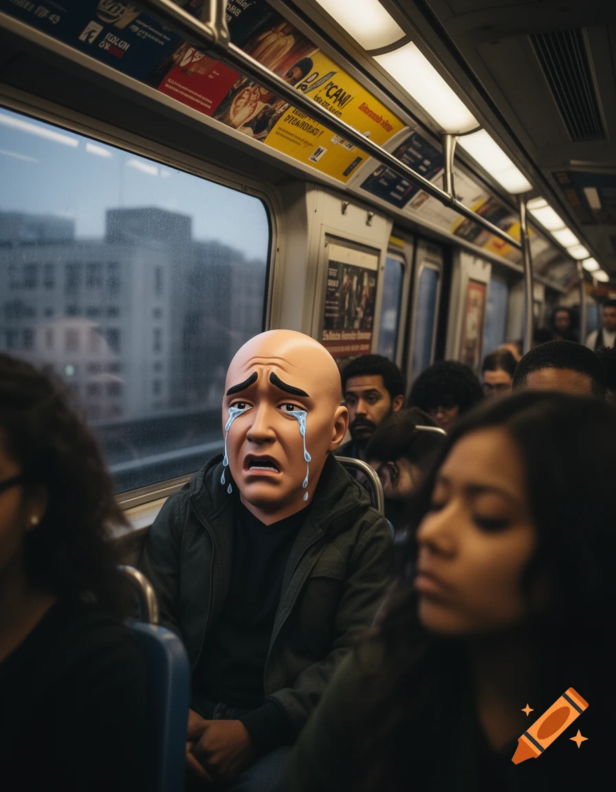 A man with a cartoonish crying soyjack face sits on a crowded subway train, surrounded by other passengers.
