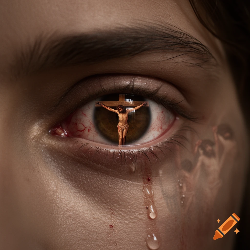 Photorealistic close-up of a human eye with blood tears, reflecting Jesus on the cross and blurry crucified figures in the background.