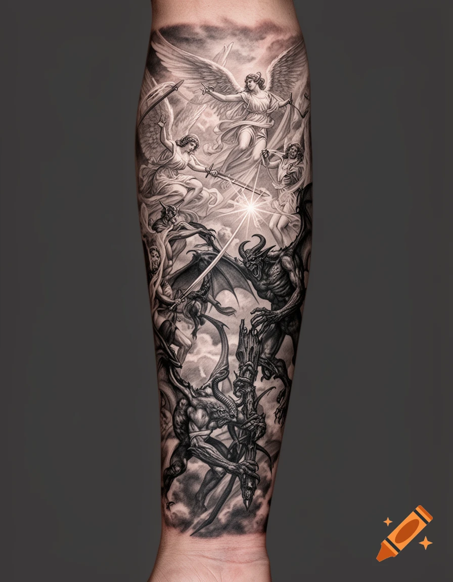 Detailed black and grey tattoo of an epic battle between angels and demons on an arm.