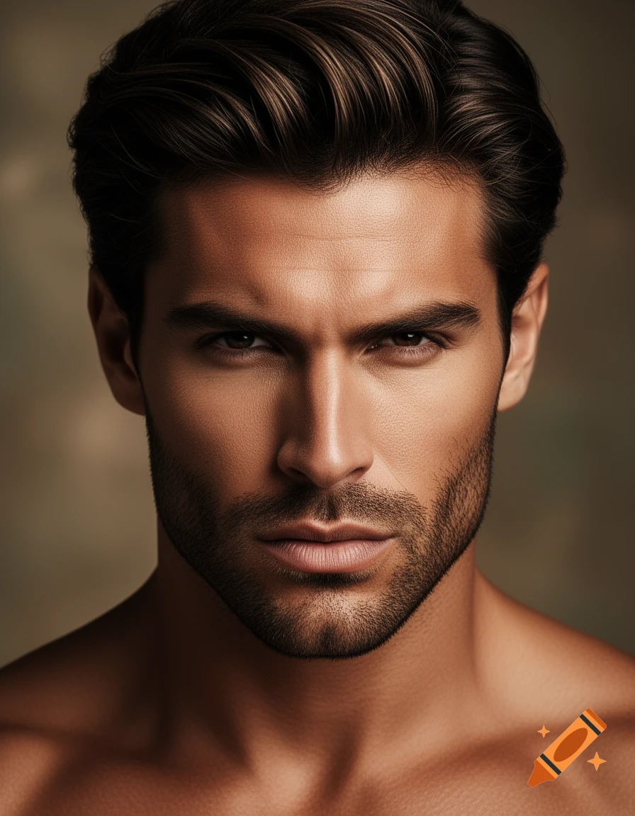 Close-up photorealistic portrait of a handsome man with dark hair, a beard, and a strong jawline, looking forward with a smoldering gaze.