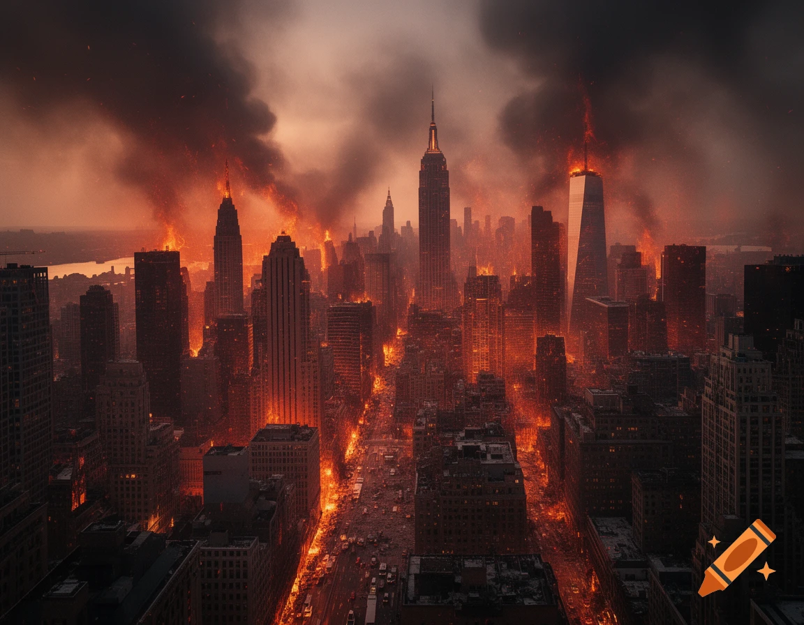 An aerial view of New York City engulfed in massive fires and dark smoke, creating an apocalyptic scene.