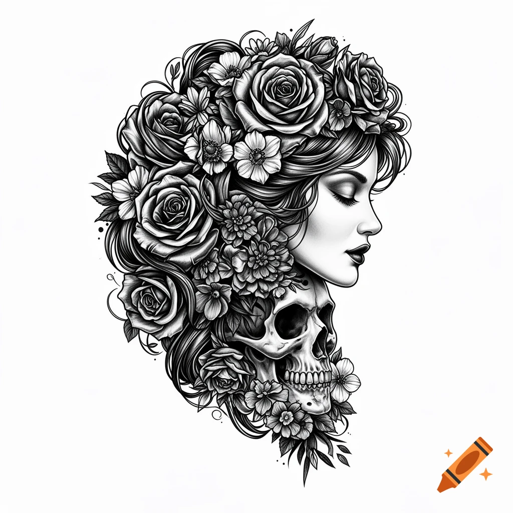 Black and white tattoo-style drawing of a woman's profile with closed eyes, adorned with roses, other flowers, and a skull.