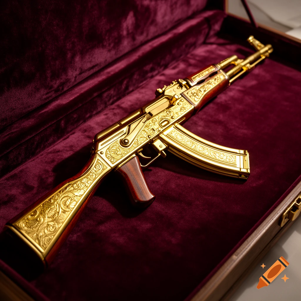 A highly detailed golden AK-47 assault rifle with intricate engravings, resting in a luxurious red velvet-lined case.