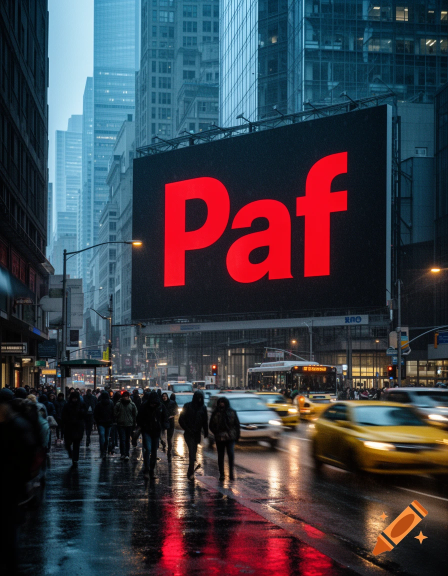 A rainy city street at dusk with pedestrians, blurred cars, and a large billboard displaying 'Paf' in red, reflected on the wet asphalt.