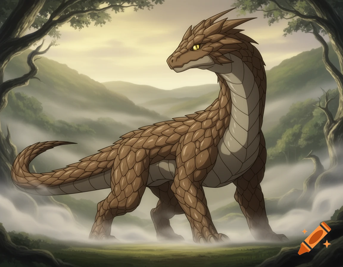 A brown, scaly, wingless dragon stands in a misty fantasy forest, rendered in an anime style.