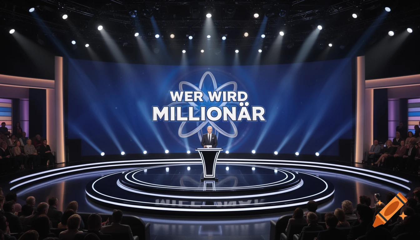 A brightly lit TV game show set for 'Wer wird Millionär' with a host at a podium and an audience.