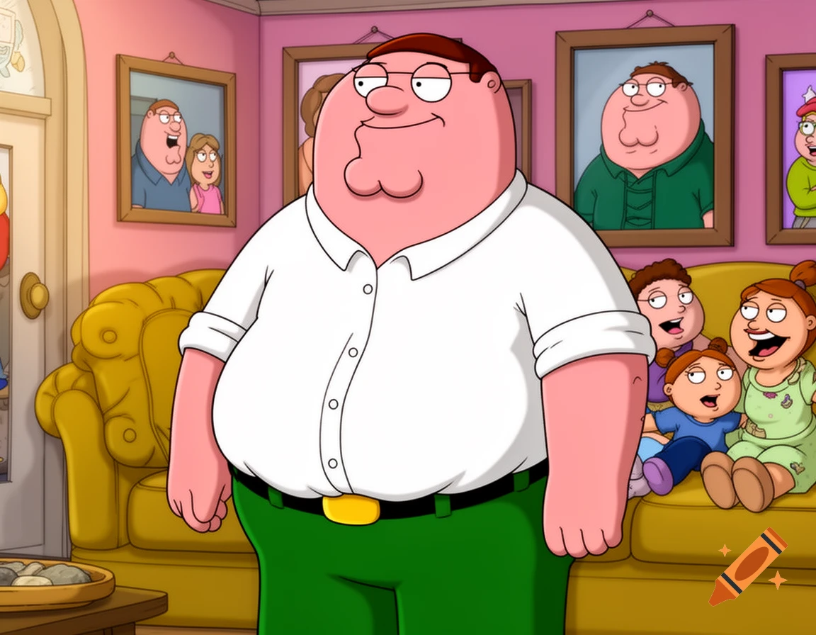 Cartoon Peter Griffin smiling, standing in a living room with other Family Guy characters on a yellow couch and in framed pictures.
