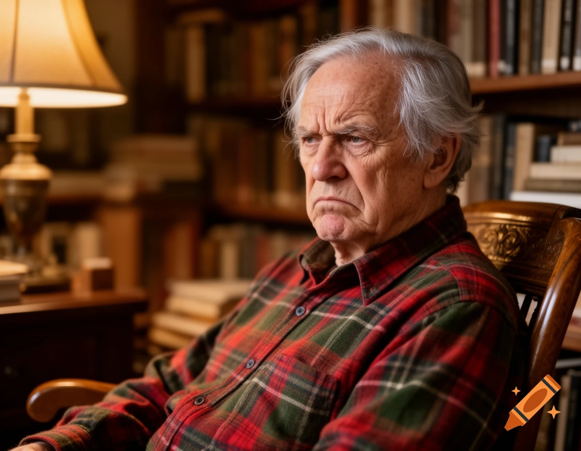 A grumpy elderly man with gray hair sits in a wooden chair, wearing a red and green plaid shirt, in a dimly lit library.