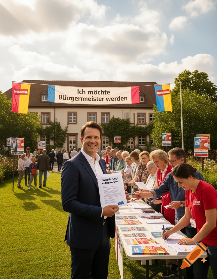 A man in a suit smiles and holds a document at an outdoor political campaign event. People gather around a table to sign papers, with a banner above saying "Ich möchte Bürgermeister werden" against a building.