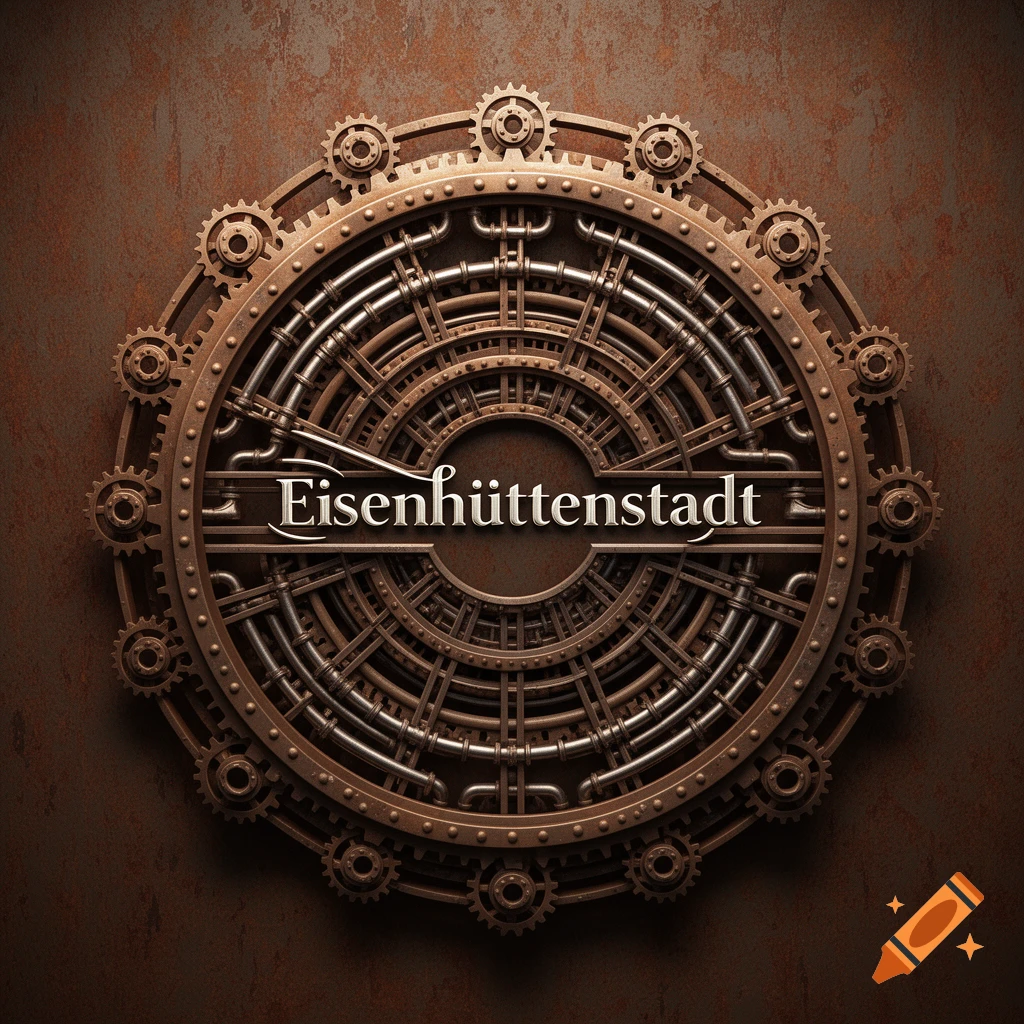 A steampunk metallic mandala with gears and pipes, displaying 'Eisenhüttenstadt' in its center.