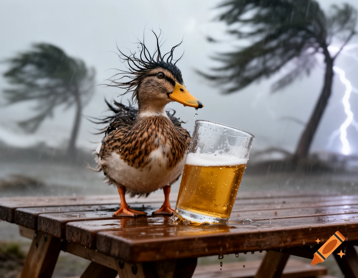 A disheveled duck with spiky feathers stands on a wet picnic table next to a glass of beer during a severe thunderstorm.