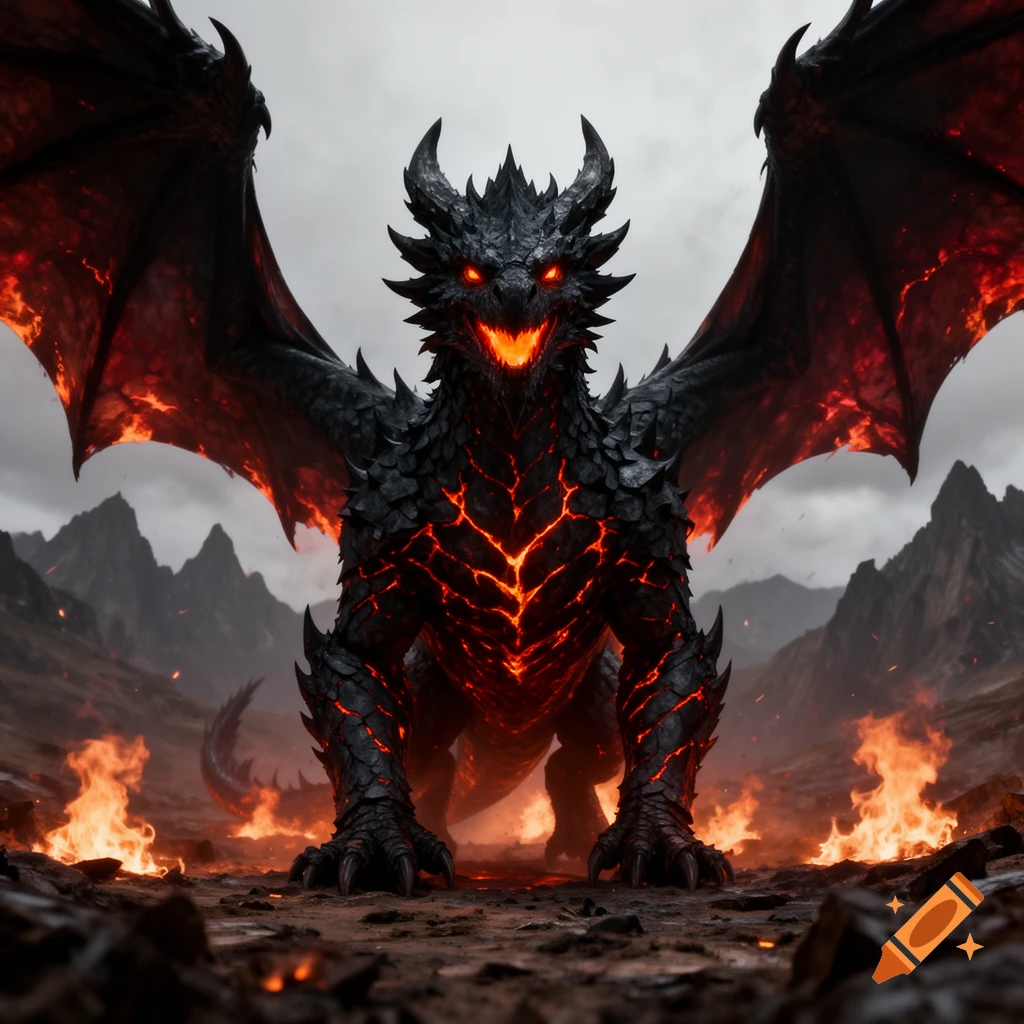 A formidable black fire dragon with glowing red eyes and fiery cracks on its body stands on flaming ground with mountains under a cloudy sky.