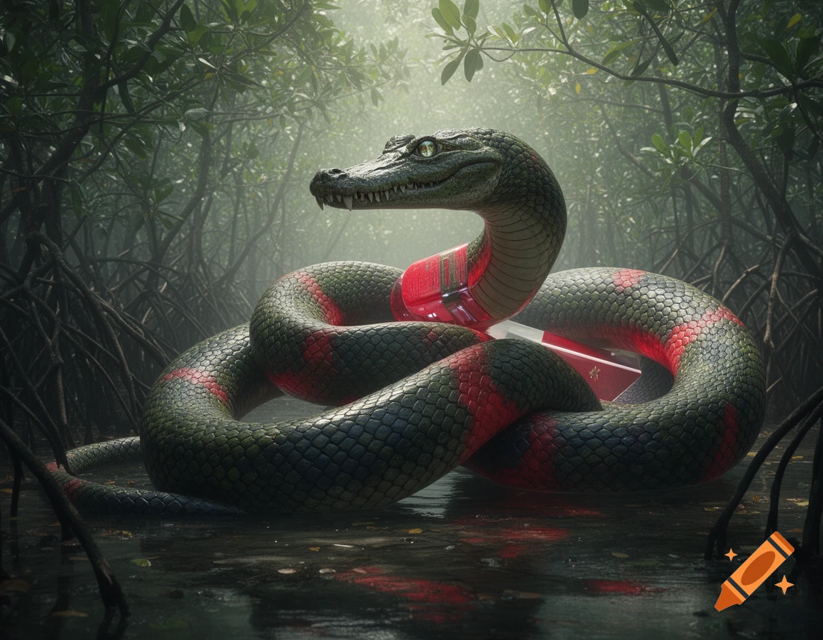 A powerful green snake with a crocodile head and red magnet segments coiled in a misty mangrove swamp.