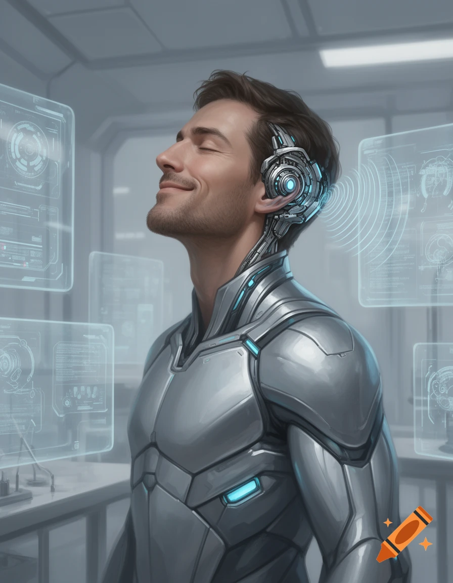 A man with a cybernetic ear and futuristic armor smiles while looking at holographic screens in a sci-fi lab.