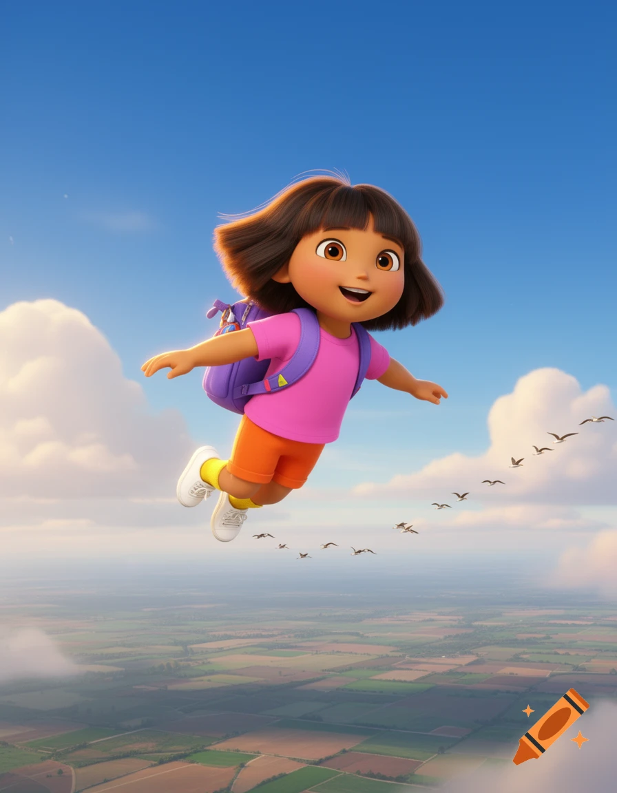 CGI-animated Dora the Explorer with a purple backpack flying happily in a blue sky above green fields with migrating birds.