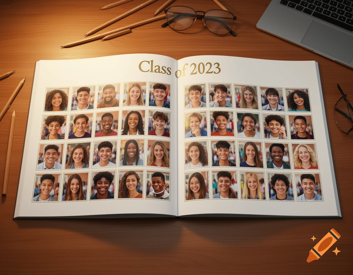 An open high school yearbook for "Class of 2023" displaying smiling student portraits on a wooden desk with pencils and glasses.