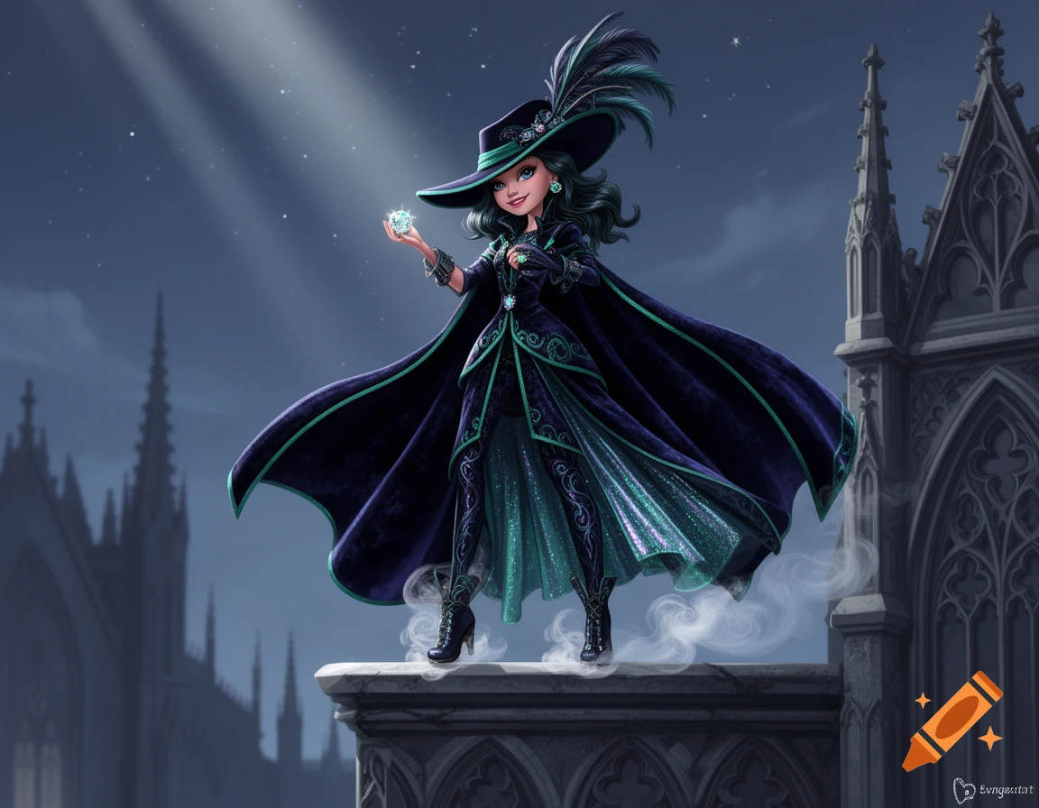 A stylized illustration of a female thief or witch in a green and black costume and wide-brimmed hat, holding a glowing orb on a gothic rooftop at night.