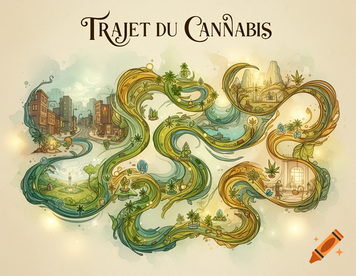 Watercolor-style illustrative map titled 'TRAJET DU CANNABIS' showing cannabis journey through diverse landscapes.