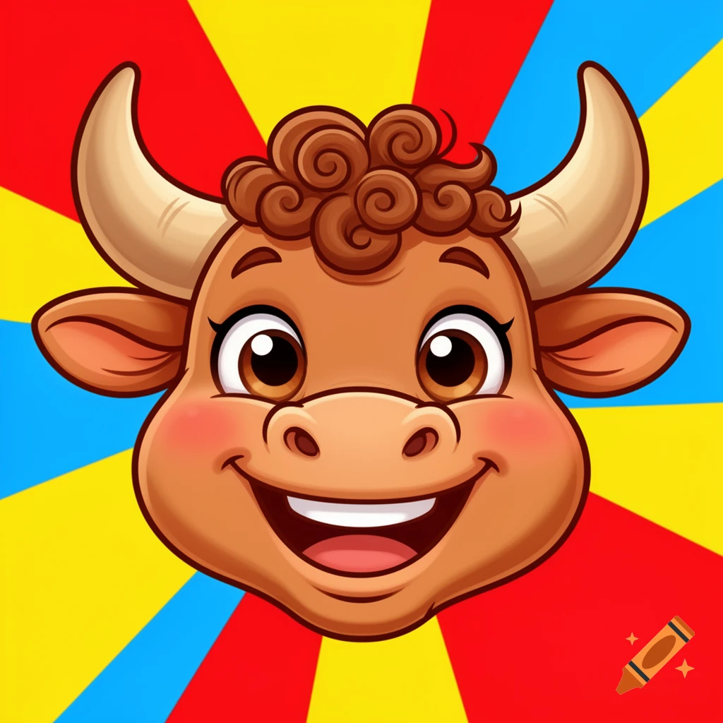 A cheerful cartoon ox head with brown fur, curly hair, and horns, on a colorful red, yellow, and blue radial background.
