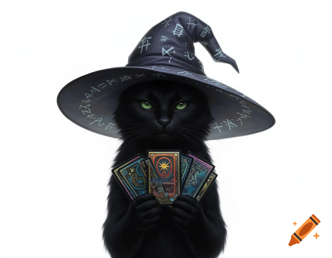 A black cat with luminous green eyes wears a dark wizard hat and holds a fan of five ornate, colorful fantasy cards in its paws, against a white background.