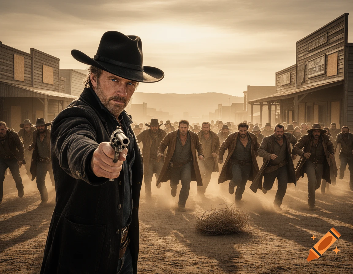A man in a cowboy hat and duster coat points a revolver directly forward, facing a large group of men running towards him in a dusty Old West town.