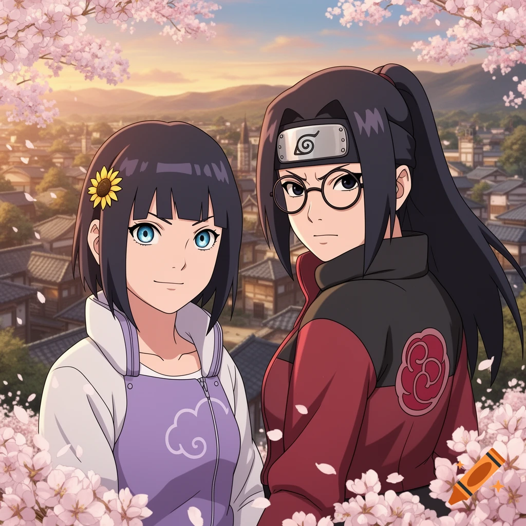 Anime art of Himawari with a sunflower in her hair and Sarada in glasses, standing among pink cherry blossoms in a Japanese village setting.