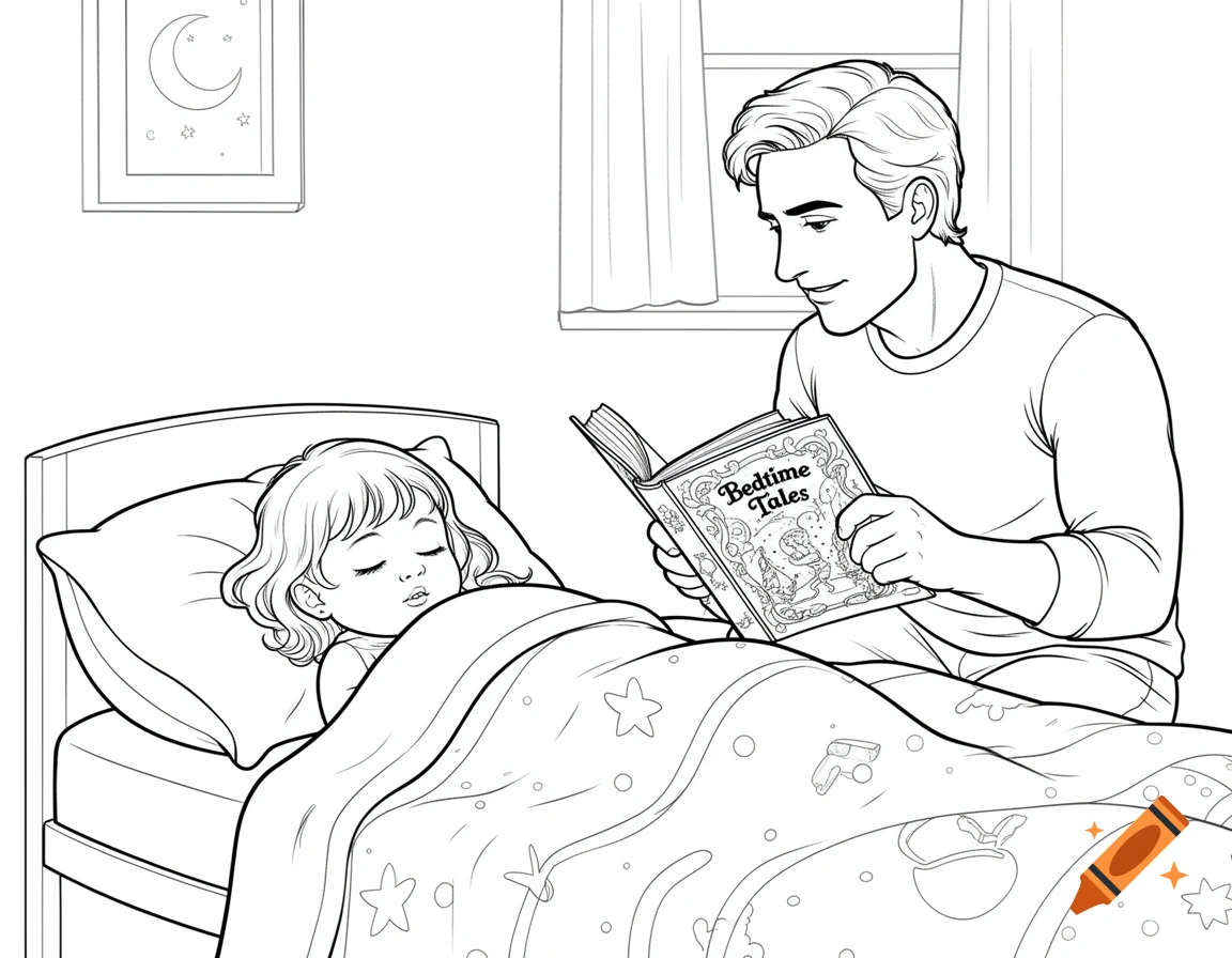 A coloring book style illustration of a father reading "Bedtime Tales" to his sleeping toddler daughter.