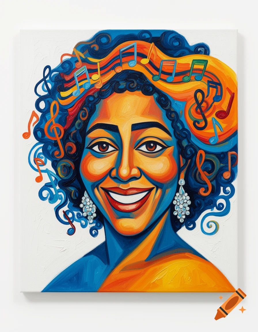 Colorful oil painting of a smiling woman in a Naif/Cubist style with blue curly hair adorned with musical notes and clefs.