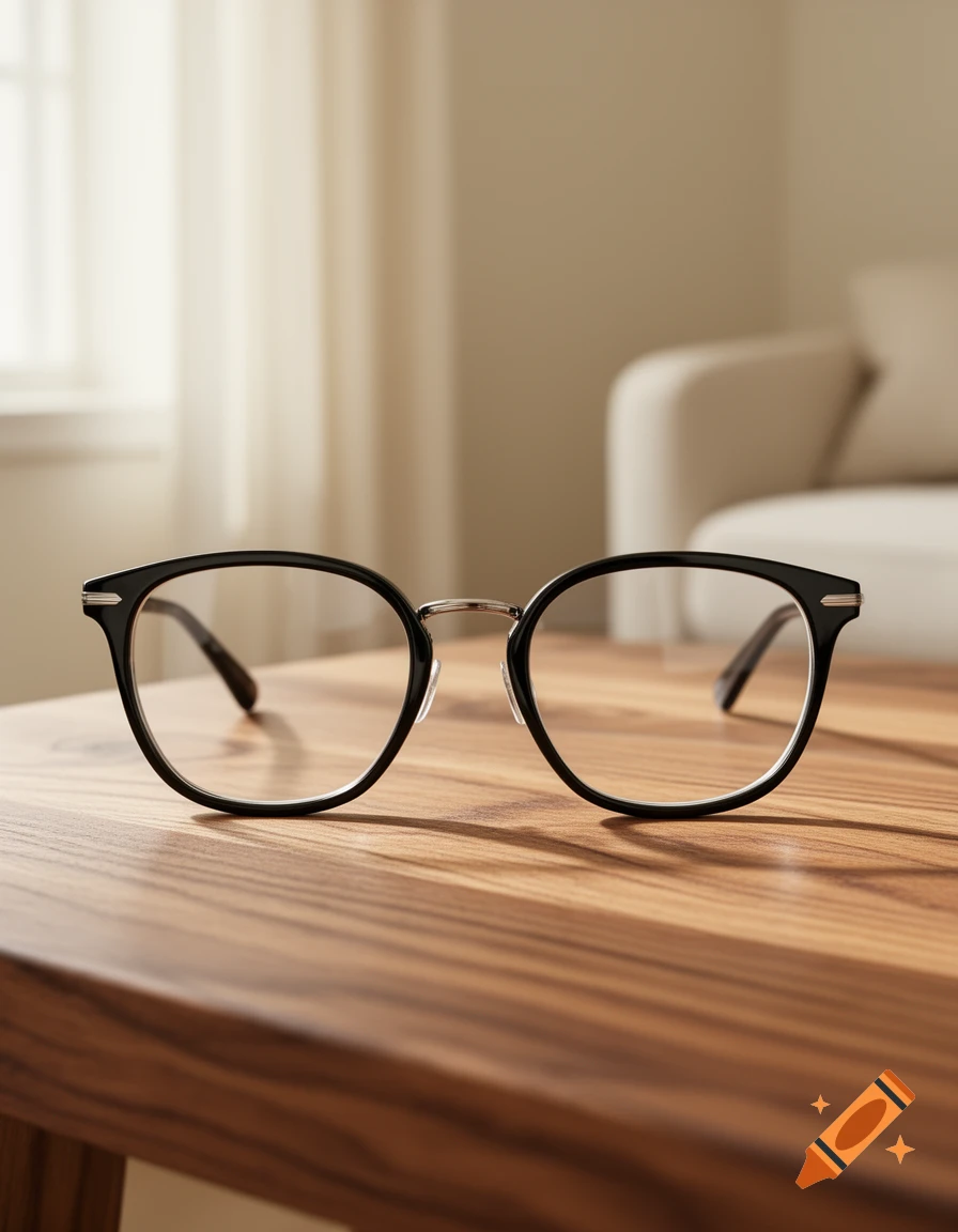 Black-rimmed eyeglasses with thin silver accents rest on a polished wooden table, in a brightly lit room.