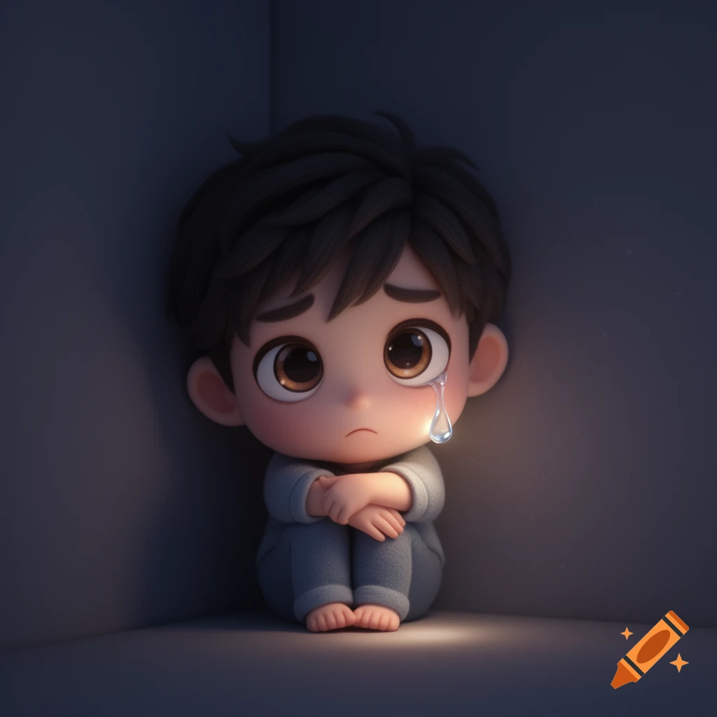A sad chibi cartoon boy sits alone in a dark corner, hugging himself, with a tear rolling down his cheek.