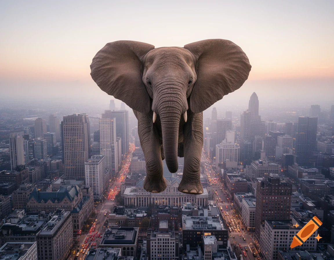 A giant photorealistic elephant with large ears flies majestically over a sprawling city skyline at dusk.
