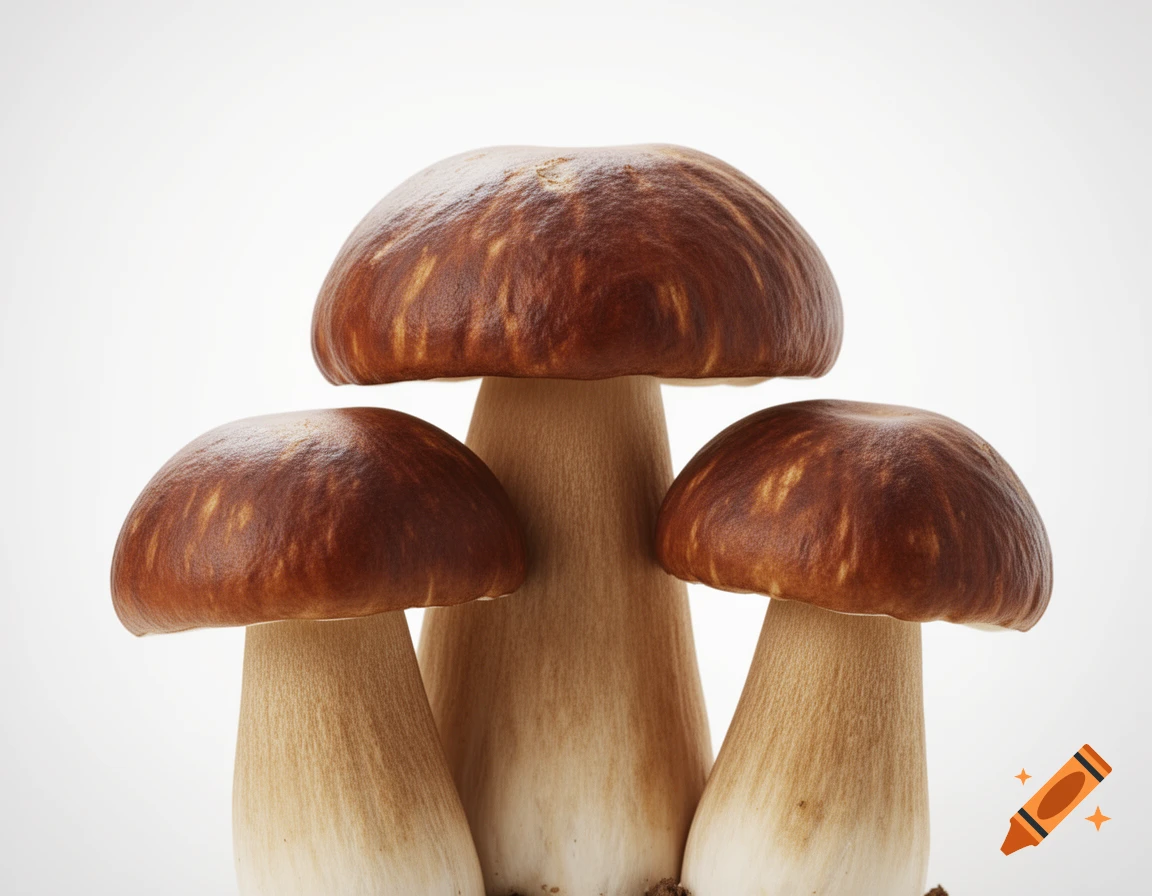 Three realistic bay bolete mushrooms with brown caps and light stems on a plain white background.
