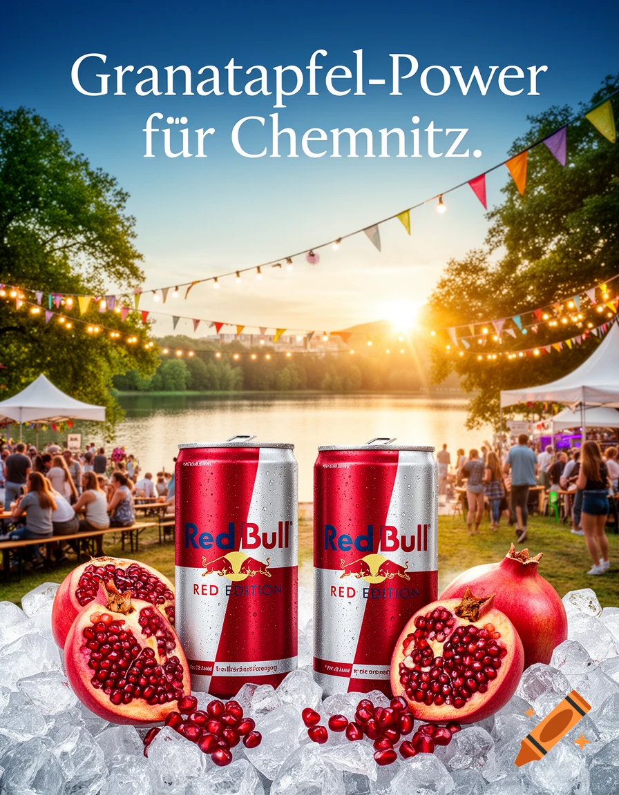 Photorealistic image of two Red Bull Pomegranate Edition cans on ice with cut pomegranates, set against a summer festival by a lake at sunset.