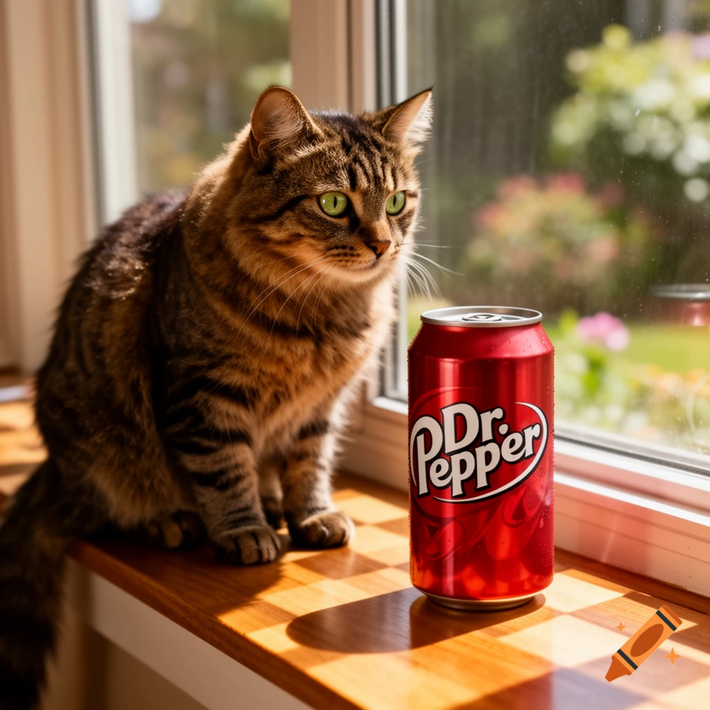 A brown tabby cat with green eyes sits on a sunlit windowsill next to a red Dr. Pepper can, looking out the window.