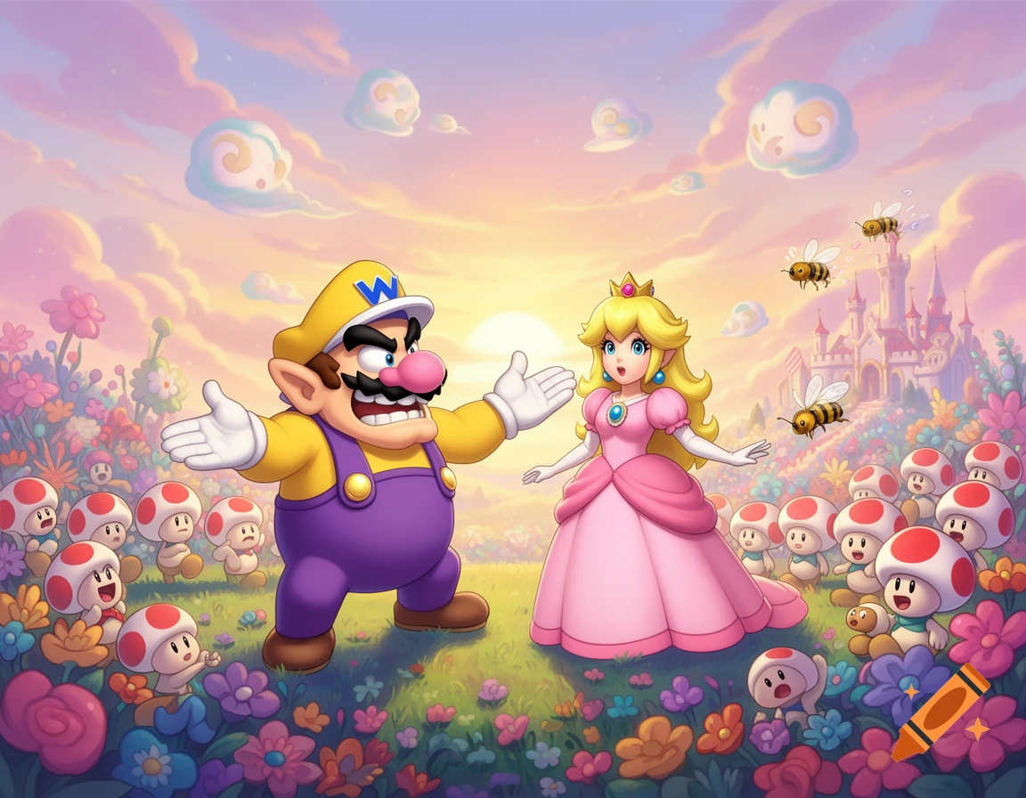 Cartoon Wario and Princess Peach face each other in a colorful flower field with Toads and bees, a distant castle under a vibrant sunset sky.
