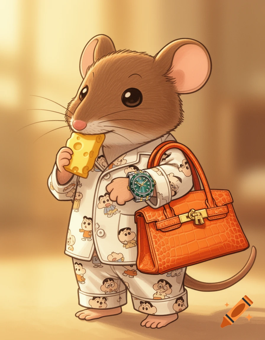 A cute cartoon mouse in Shin-chan pajamas eats a piece of cheese, wearing a green Rolex watch and carrying an orange Hermes bag.